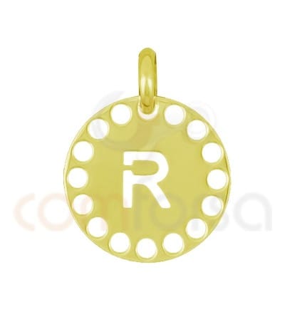 Pingente letra R com círculos cortados 14 mm de prata 925 banhada ouro