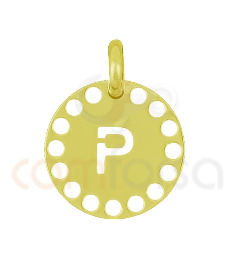 Pingente letra P com círculos cortados 14 mm de prata 925 banhada ouro