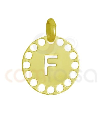 Pingente letra F com círculos cortados 14 mm de prata 925 banhada ouro