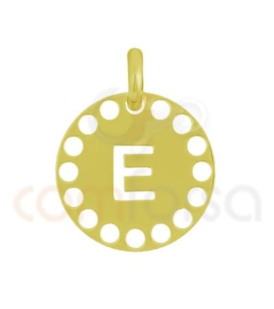 Pingente letra E com círculos cortados 14 mm de prata 925 banhada ouro