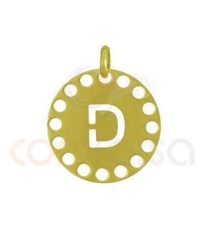 Pingente letra D com círculos cortados 14 mm de prata 925 banhada ouro