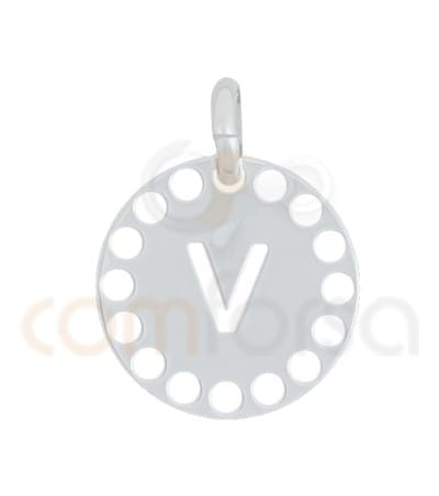 Pingente letra V com círculos cortados 14 mm de prata 925