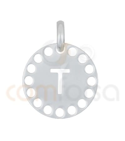 Pingente letra T com círculos cortados 14 mm de prata 925