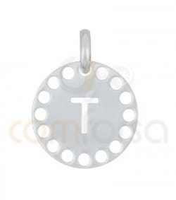 Pingente letra T com círculos cortados 14 mm de prata 925