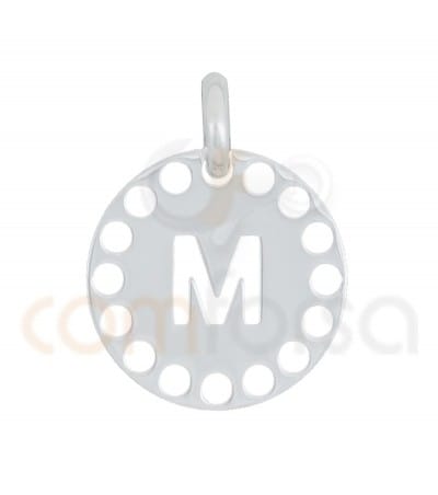 Pingente letra M com círculos cortados 14 mm de prata 925