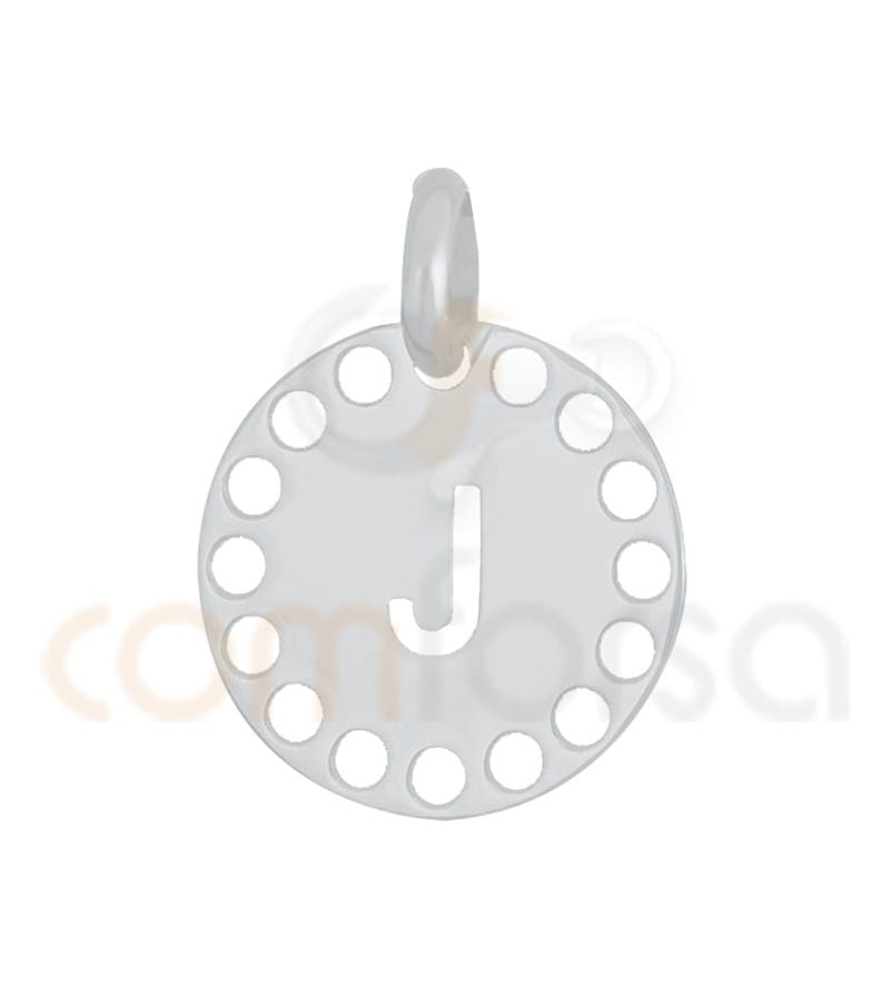 Pingente letra J com círculos cortados 14 mm de prata 925