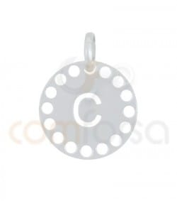 Pingente letra C com círculos cortados 14 mm de prata 925