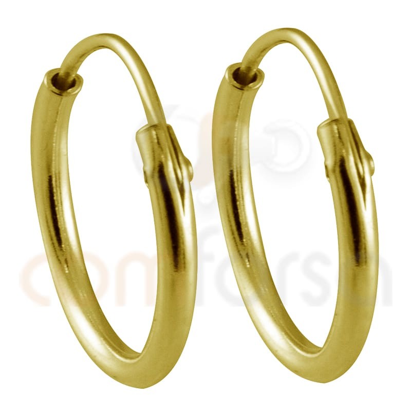 Brinco argola tubo 1.2 mm 15 mm prata 925 banhada a ouro