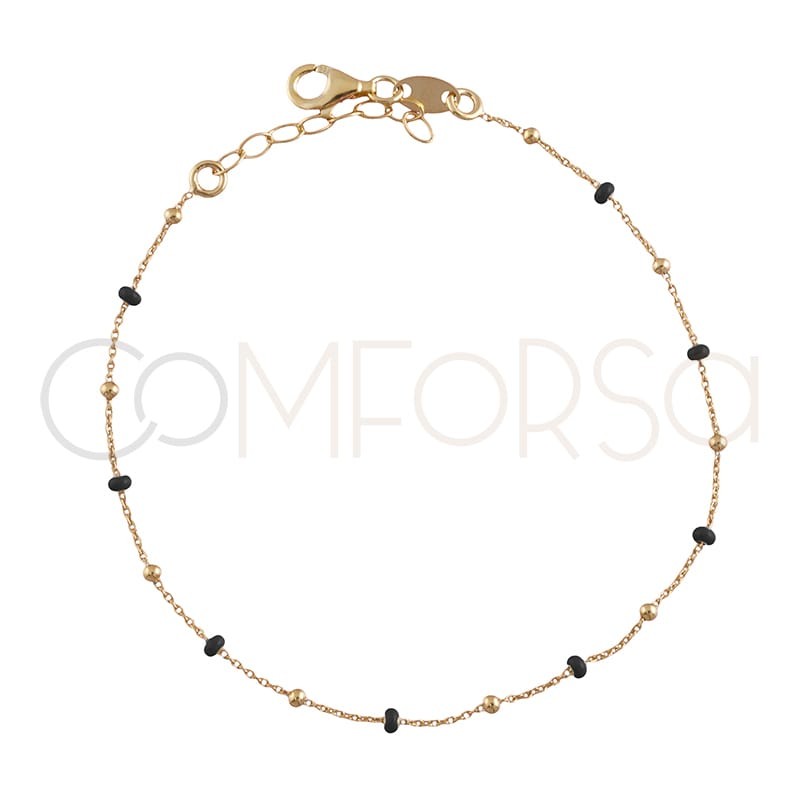 Pulseira com bolas e esmalte preto 18+3cm prata 925 banhada a ouro