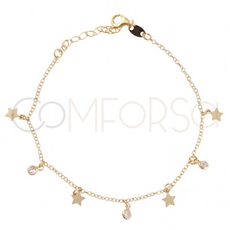 Pulseira estrelas e zirconias 18+3 cm em prata 925 banhada a ouro