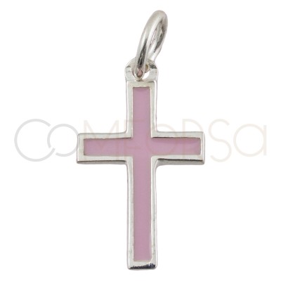 Pingente cruz esmalte rosa  9 x 16 mm prata 925