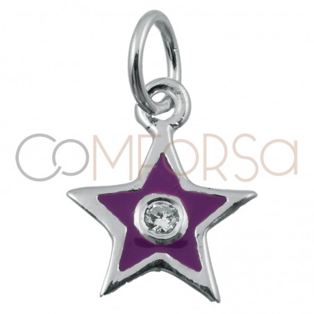 Pingente estrela com esmalte roxa e zircônia 8 x 10mm prata 925