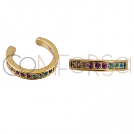 Ear cuff zircões multicolor 11 mm prata 925 banhada a ouro