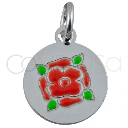 Pingente flor esmalte "Rose Red" 10mm prata 925 banhada a ouro