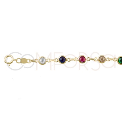 Pulseira zircões coloridos 17+3.5cm prata 925 banhada a ouro