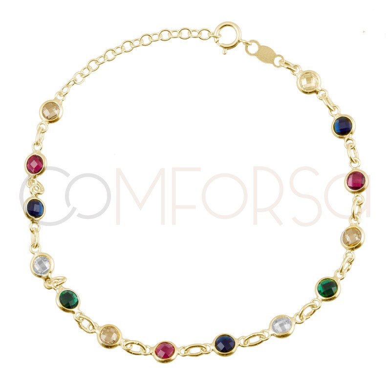 Pulseira zircões coloridos 17+3.5cm prata 925 banhada a ouro