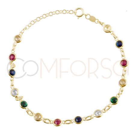 Pulseira zircões coloridos 17+3.5cm prata 925 banhada a ouro