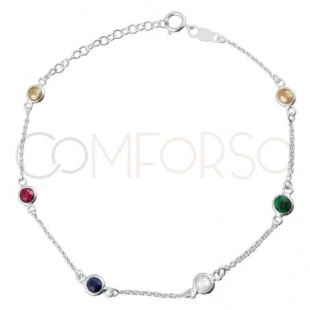 Pulseira zircões multi-color 17+3.5cm prata 925 banhada a ouro