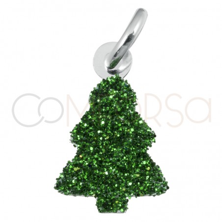 Pingente árvore de Natal com glitter verde 12x7.5mm prata 925