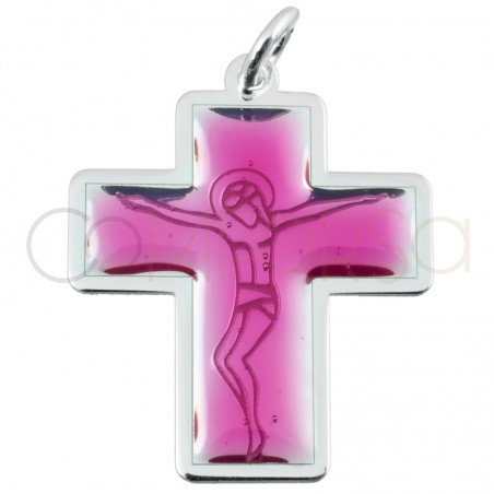 Medalha Cristo na Cruz rosa 18 x 20mm prata 925