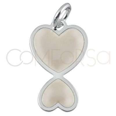 Pingente coração duplo esmalte coconut cream 10x16mm prata 925 banhada a ouro