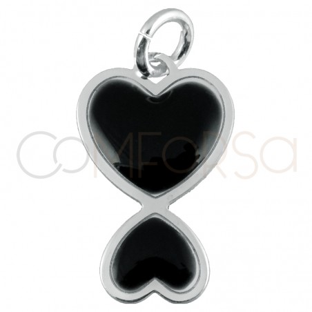 Pingente coração duplo esmalte preto 10x16mm prata 925