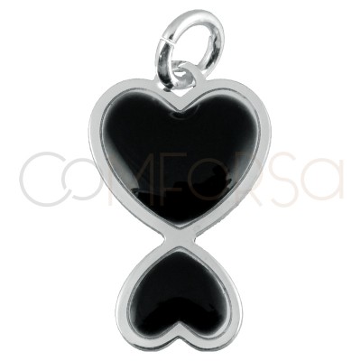 Pingente coração duplo esmalte preto 10x16mm prata 925 banhada a ouro