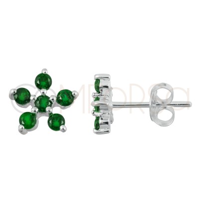 Brincos flor 5 zircónias Green 8x8mm prata 925 banhada a ouro