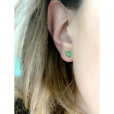 Brincos flor 5 zircónias Green 8x8mm prata 925 banhada a ouro