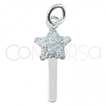 Pingente varinha estrela com glitter 7.4 x 19 mm prata 925