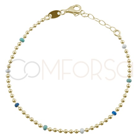 Pulseira contas combinadas azuis 17cm + 4cm prata 925 banhada a ouro