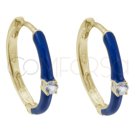 Brincos argola esmalte azul com zircão 18mm prata 925 banhada a ouro