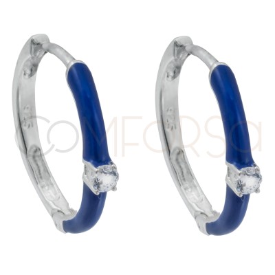 Brincos argola esmalte azul com zircão 18mm prata 925 banhada a ouro