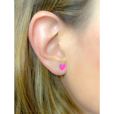 Brincos coração com esmalte rosa 7 x 8mm prata 925