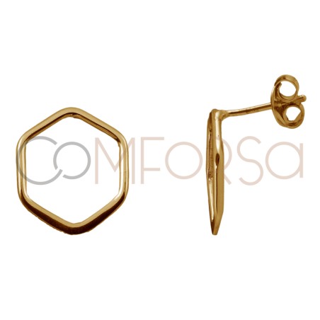 Brincos argola hexagonais 15 mm prata 925 banhada a ouro