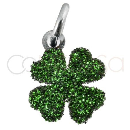 Pingente trevo glitter verde 8 x 8mm prata 925