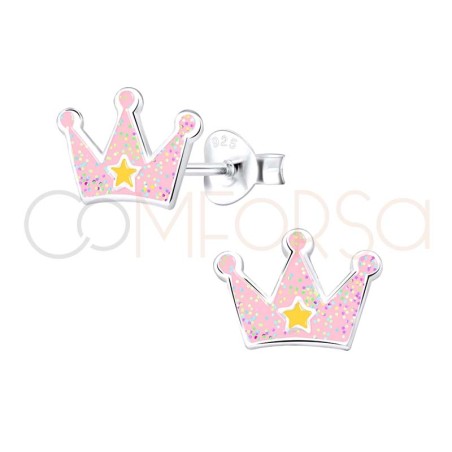 Brincos coroa de princesa rosa claro 10 x 7mm prata 925