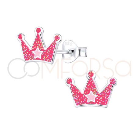 Brincos coroa de princesa rosa fúcsia 10x7mm prata 925