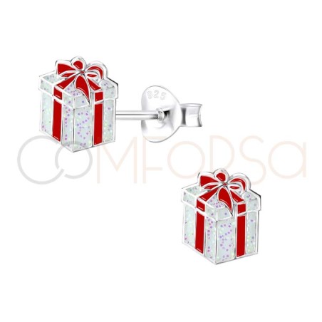 Brincos caixa de presentes de Natal glitter 7x8mm prata 925