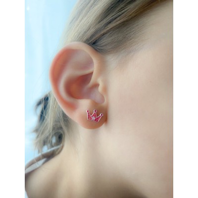 Brincos coroa de princesa rosa fúcsia 10x7mm prata 925