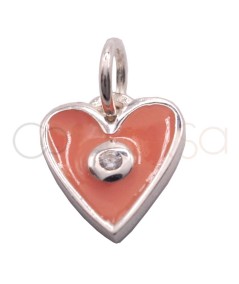Pingente coração de esmalte rosa com zircônia 8 x 10mm prata 925