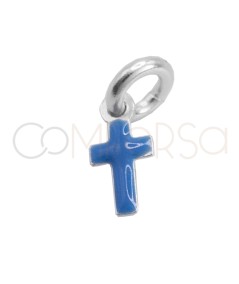 Pingente mini cruz esmalte azul 3 x 6mm prata 925