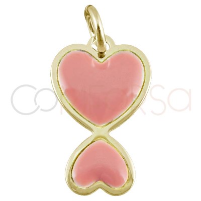 Pingente coração duplo esmalte rosa 10x16mm prata 925