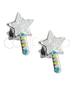 Brinco varinha estrela multicolorida com glitter 6 x 10mm prata 925