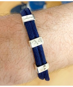 Pulseira com 3 entremeios rectangulares personalizáveis e um cordão de para-quedas azul-marinho