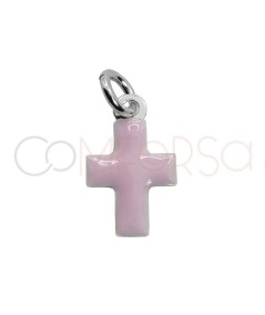 Pingente cruz com esmalte rosa claro 8 x 13.5mm prata 925