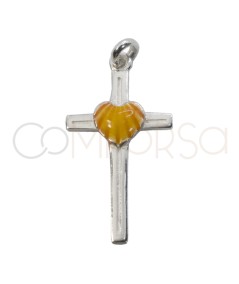 Pingente cruz com coração laranja 14 x 25mm prata 925